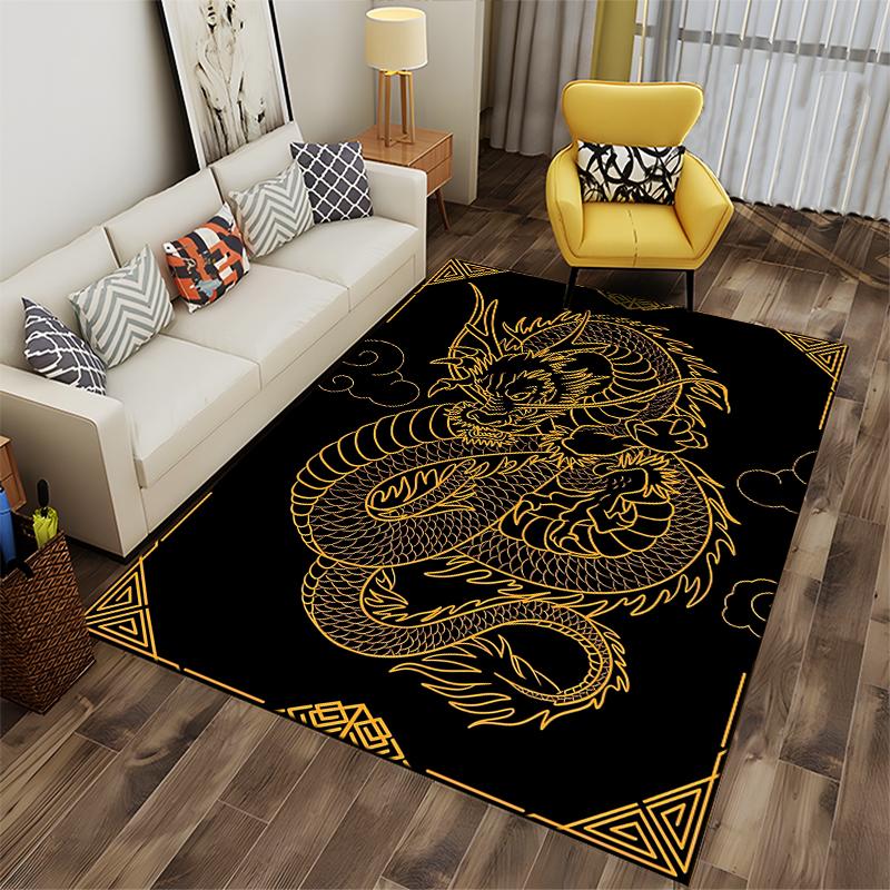 Golden Dragon Patterned Black Carpet with Modern Abstract Oriental Style Suitable for Use As an Anti-slip for Living Room Bedroom Sofas