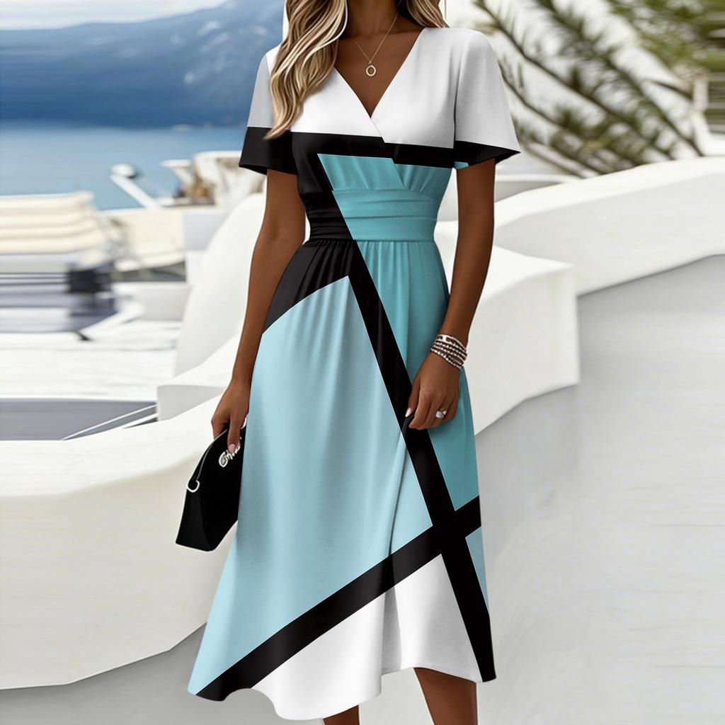 Damen-Kleid mit Blumenmuster, lässig und modisch, kurzärmelig, V-Ausschnitt