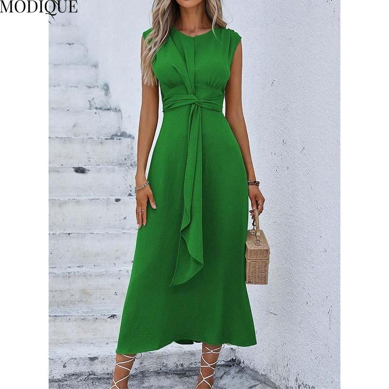 MODIQUE 2025 Summer Plus Size New Women's Casual Solid Color Off Shoulder Elastic Waist Sleeveless O-Neck Long Dress