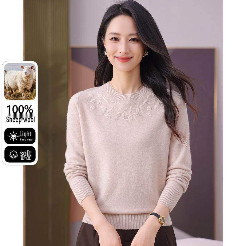 SNOWFLYING Women's 100% Merino Wool Crochet Rhinestone Crew Neck Sweater