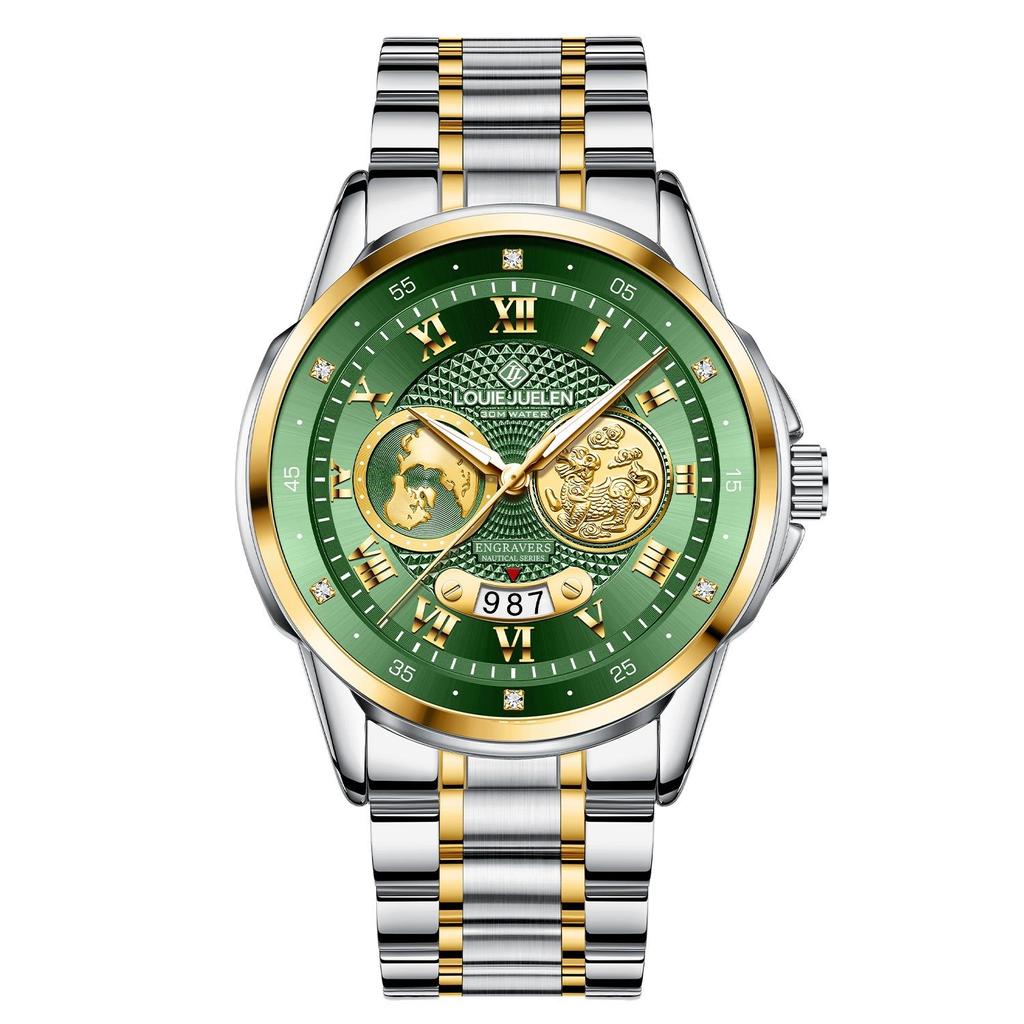 Luxury Gold Engraved Watch for Men Stainless Steel Waterproof Business Quartz Wristwatch with Date, Ideal Gift for Father's Day & Anniversaries
