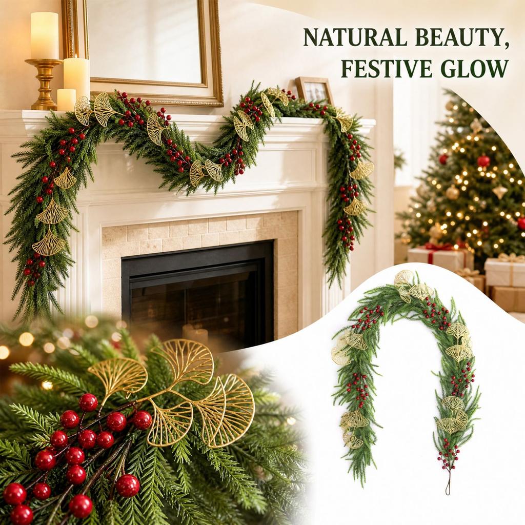 Christmas Garland 6FT with Gold Fan Leaves and Red Berries for Fireplace Mantel and Window Decoration