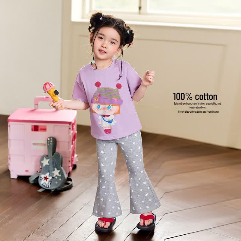 LUSON Girls Cartoon Print Short Sleeve T-shirt 130 фиолетовый