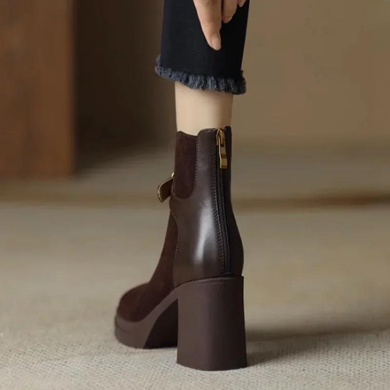 Fashion Comfortable Leather Thick Bottom Rough Heel Spliced Tube Fashion Boots Women's Autumn/winter Style Zipper Matte Heel Boots