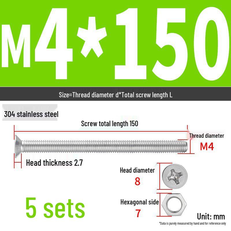 304 Stainless Steel Extra Long Phillips Flat Head Screws and Nuts Set (2M, 3M, 4M)