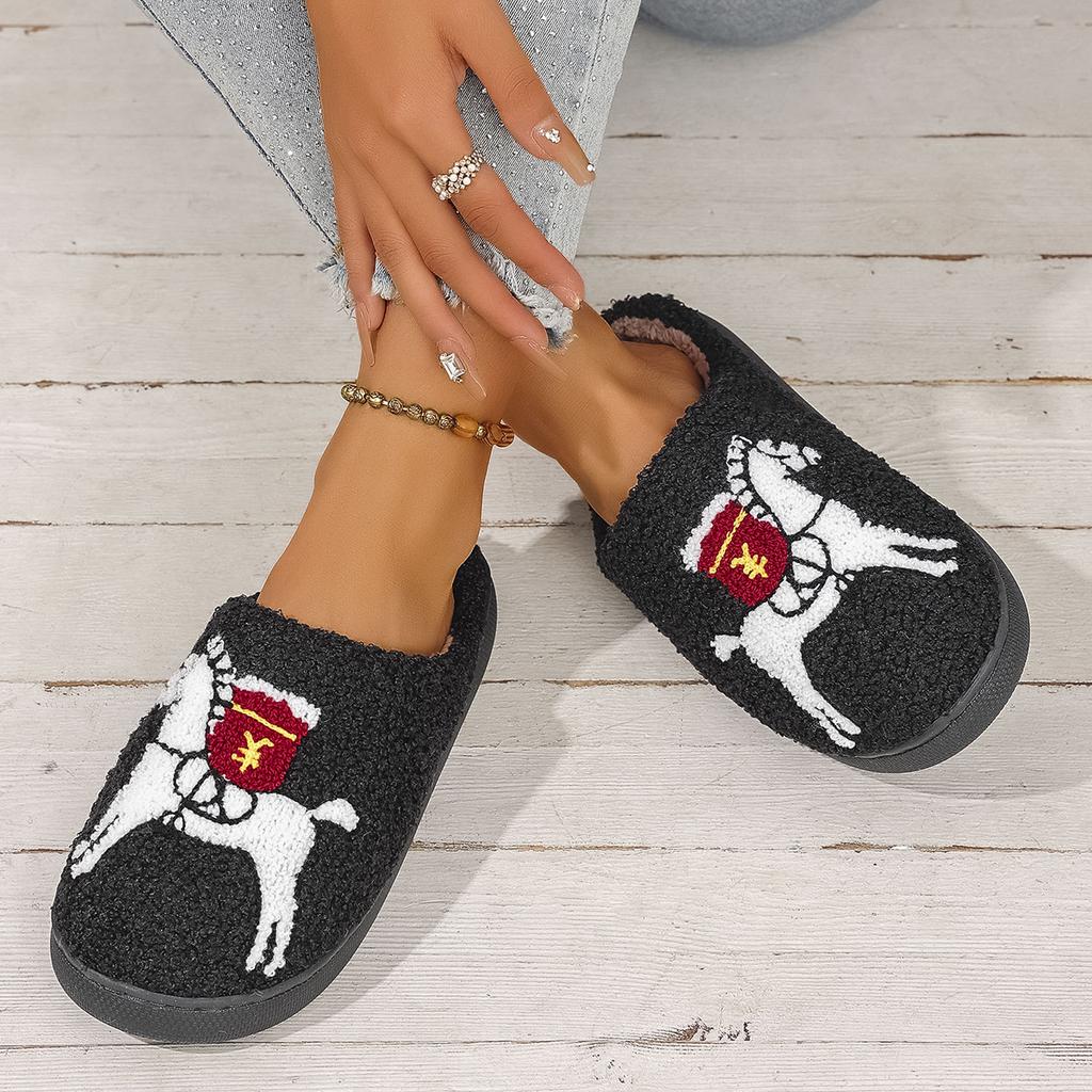 Mode Plüsch Zuhause Dicksohlige Bequeme Plüsch Baumwollpantoffeln mit Tier Muster Stickerei, Niedliche Warme Rutschfeste Hausschuhe