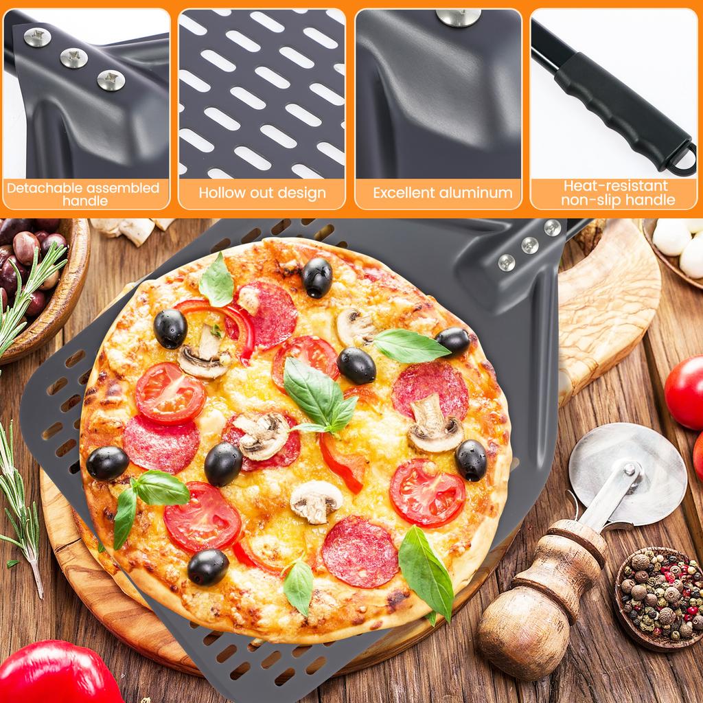 12 Inches Perforated Pizza Peel Rectangular Pizza Shovel Aluminum Hard Coating Pizza Peel Paddle Short Pizza Shovel Kitchen Tool