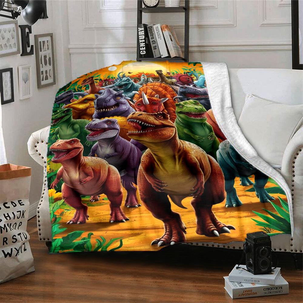 Colorful Jurassic Dinosaur Group Tropical Jungle Print Flannel Blanket Prehistoric Wildlife Throw Blanket Soft Cozy Home Sofa Bed Decor
