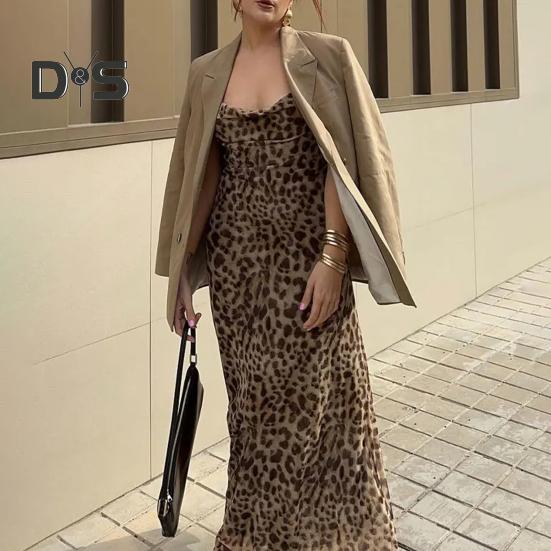 Dámské skluzové šaty Leopardí potisk s úzkým pasem a nízkým výstřihem do V, výstřih do V bez rukávů Plesový koktejlový klub Party Maxi šaty
