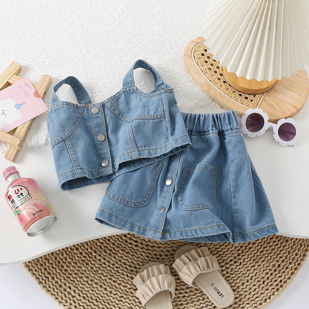 Chic Summer Girls Denim Overall And Shorts Set In Soft Lightweight Design StyleF
