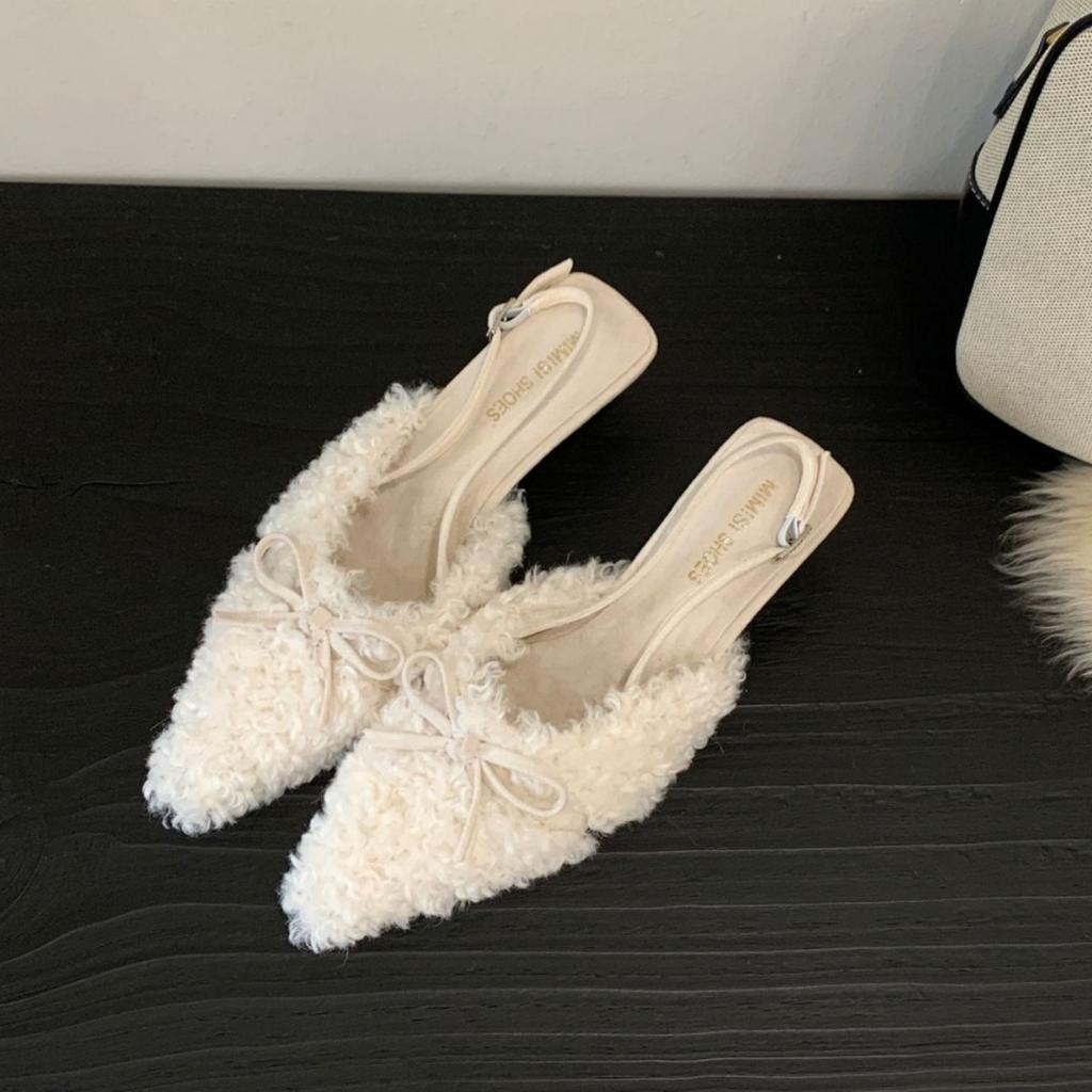 2025 French-style fluffy high-heeled slippers women's autumn and winter wear with skirts, gentle fairy shoes, velvet cotton bag head half