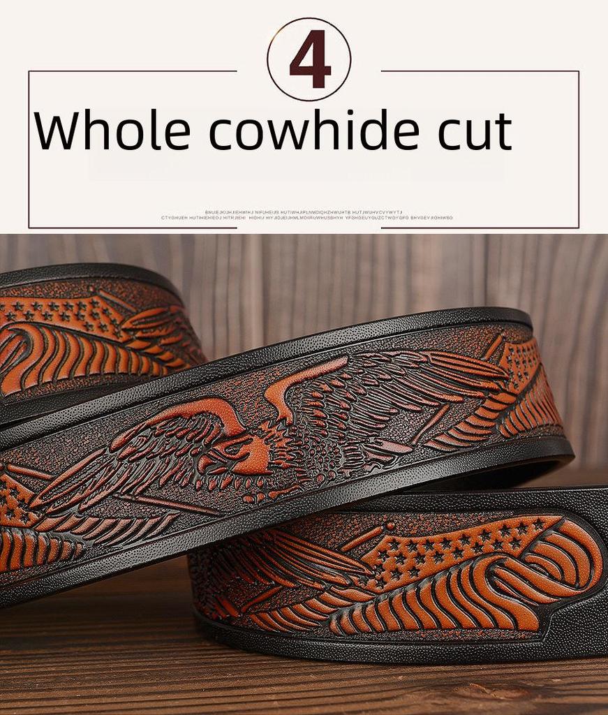 Men's Eagle Carved Wholecut Cowhide Belt - Casual Pin Buckle for Jeans