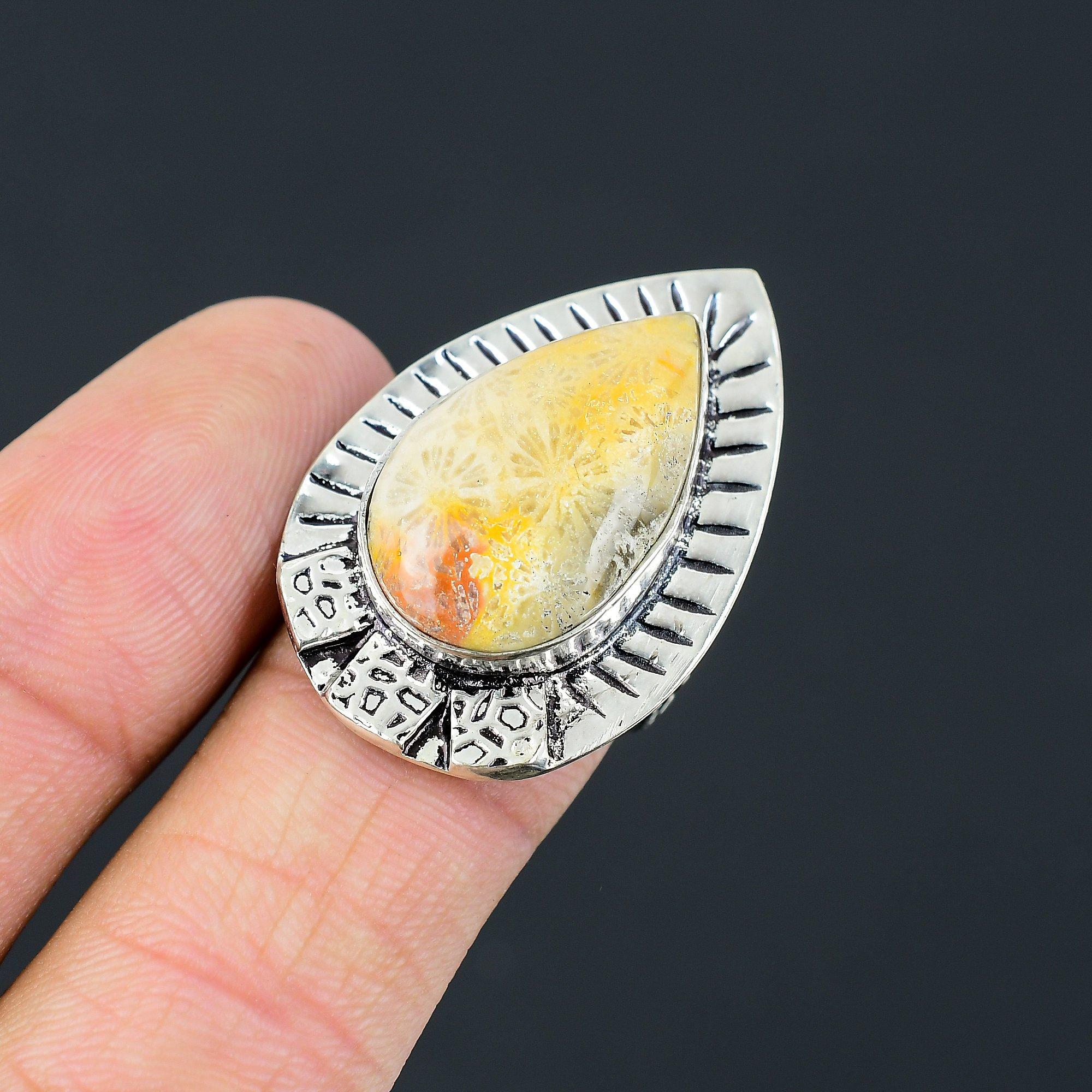 Womens day Sale Pear Fossil Coral Stone Stackable Artisan Ring 925 Silver US 8.5 8.5