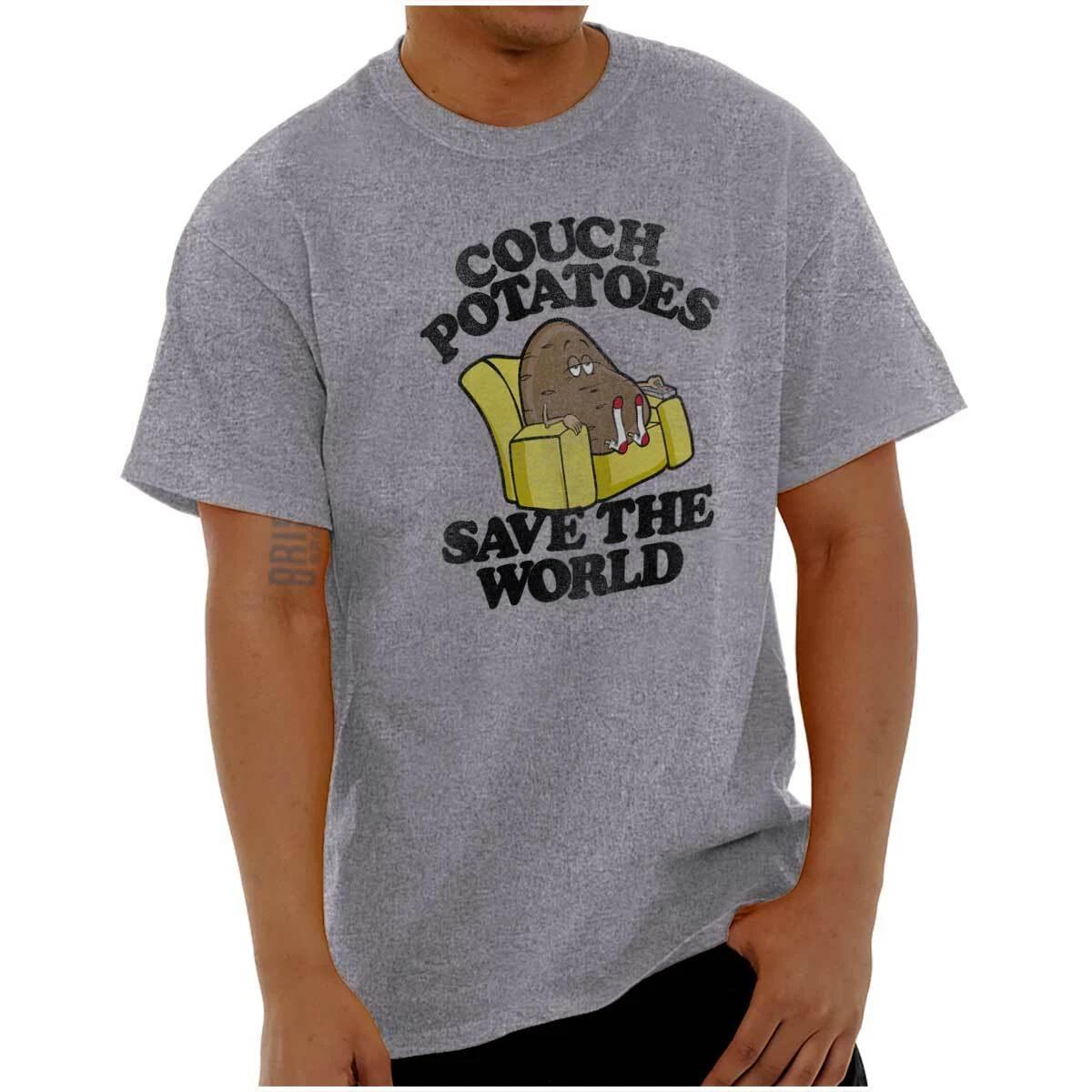 Funny Couch Potatoes Save The World Joke Womens or Mens Crewneck T Shirt Tee M
