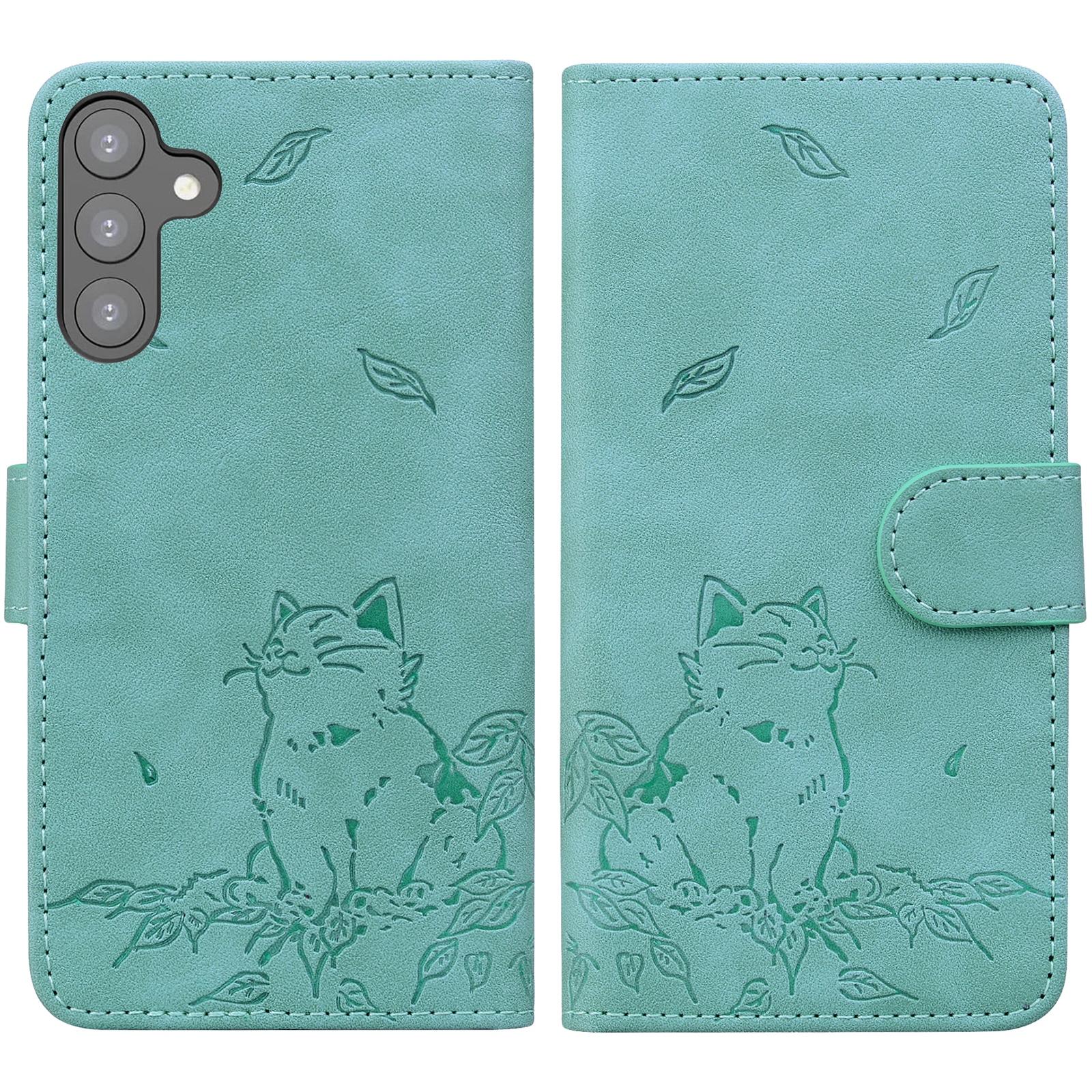 

For Samsung Galaxy A16 5G/A16 4G Case Wallet Cat Pattern Imprinted Leather Phone Cover Green