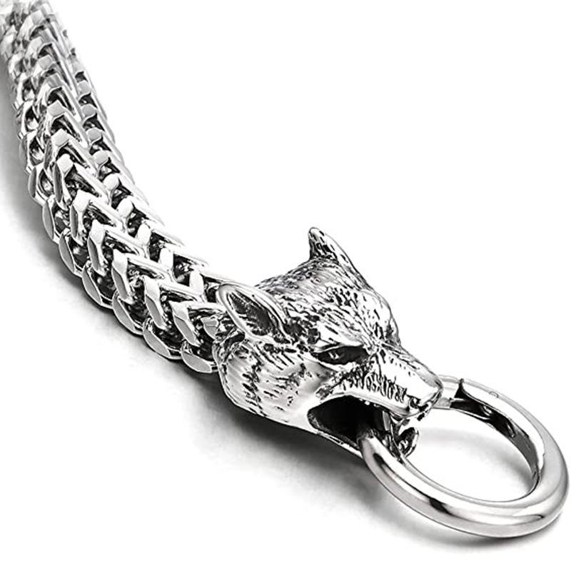 Viking Wolf Head Stainless Steel Bracelet for Men - Retro Franco Link Chain