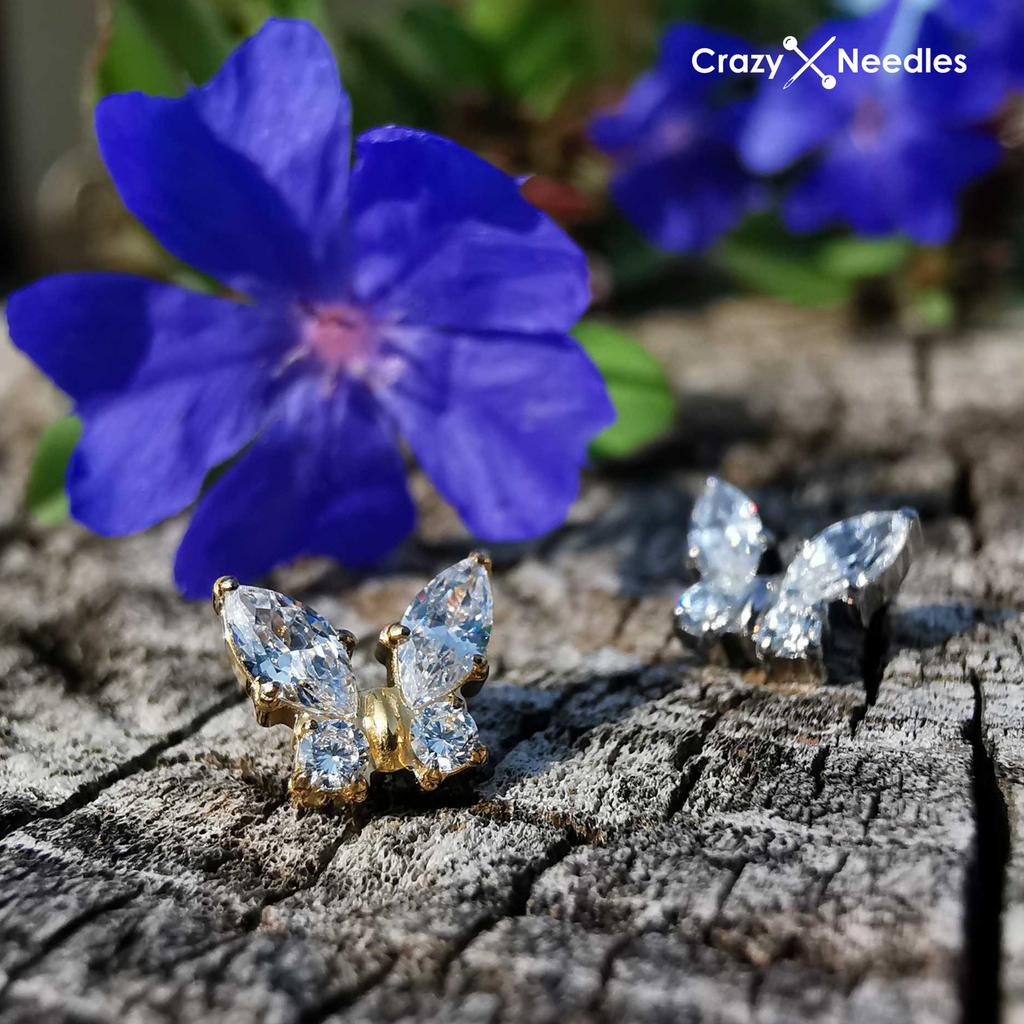 Titanium Butterfly Nut With White Zircons - Gold - Tna-125 1.2 Mm