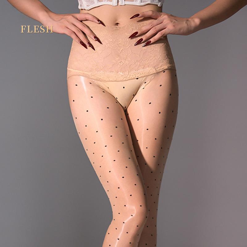 Women Sexy Stockings Polka Dots 360 Seamless Aurora Pantyhose Oil Shiny Glossy Sheer Sockings Ultra-Thin Lace Waisted Socks