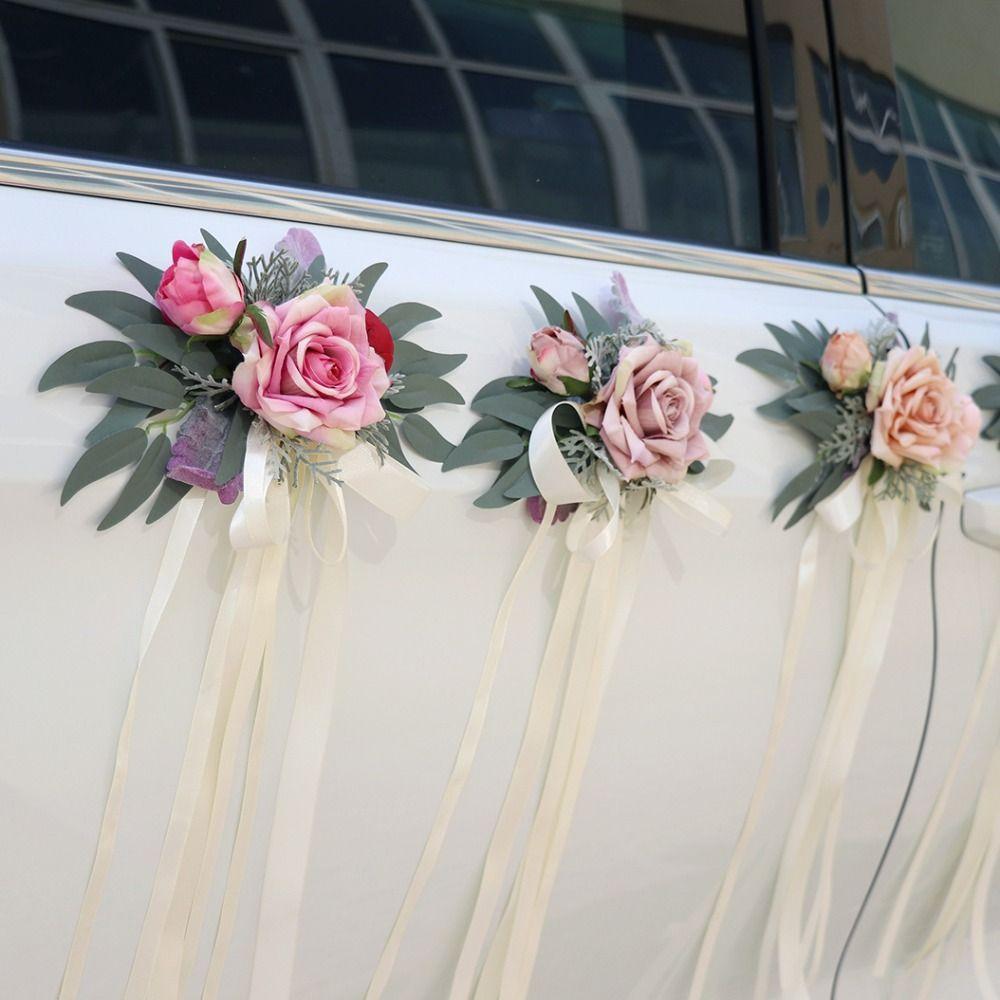 Ribbon Car Door Handle Mirror Flowers Romantic Artificial Roses  Ceremony Party Decor