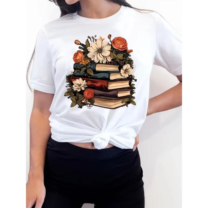 T-shirt Feminina Europeia com Estampa Floral de Livros, Gola Redonda, Manga Curta Casual, Respirável, para Primavera Verão