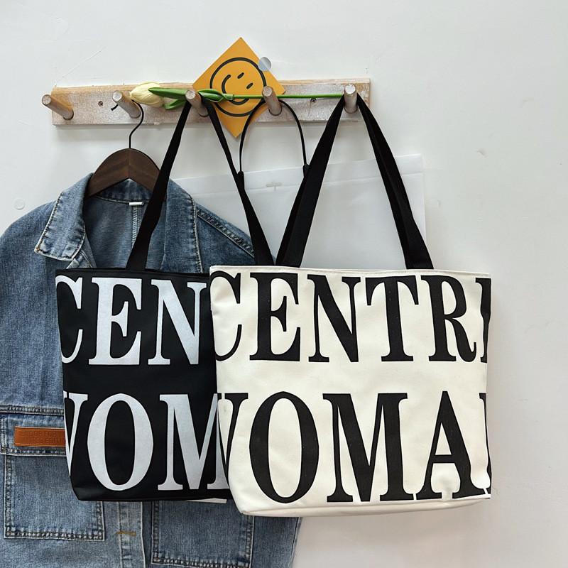 Canvas Tote Bag For Women With Zipper Pocket Urban Casual Stylish Letter Print
