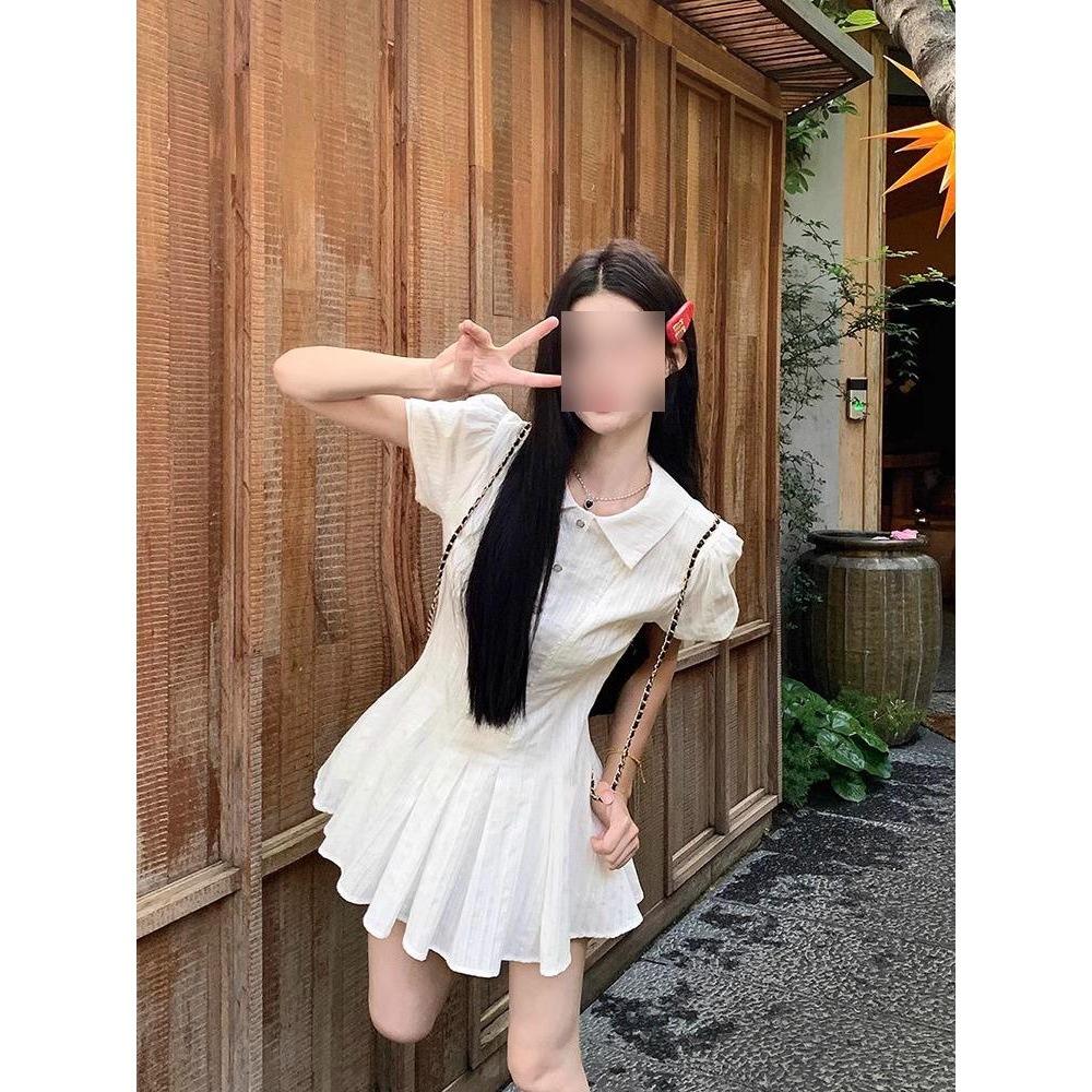 Song Jong-un's collegiate style white puff sleeve shirt dress female summer temperament waist small man sweet short skirt