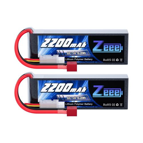 Zeee 7.4V 50C 2200mAh 2S LiPo Battery with T-Plug for RC Cars, Trucks, Helicopters, FPV Drones, and More (2-Pack)
