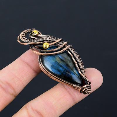 Wunderschöner Labradorit-Edelstein, reiner Kupferdraht, umwickelt, handgefertigter Anhänger-Schmuck