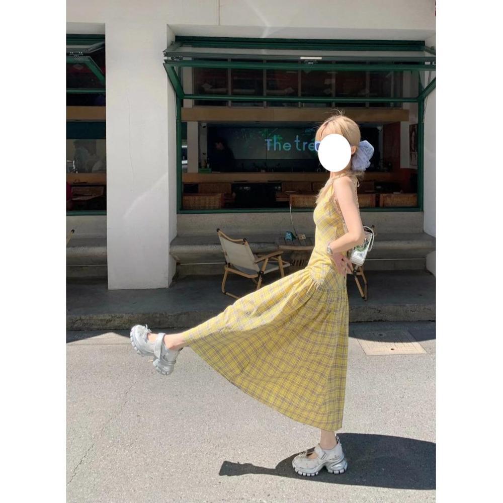 Yellow plaid neck sling dress summer women's seaside vacation wind waist thin backless dress to bare feet
