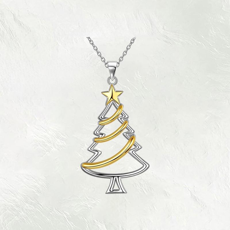 Huitan Hollow Two Tone Christmas Tree Pendant Necklace for Women Aesthetic Festival Gentle Star Accessories Winter Party JewelryGood product