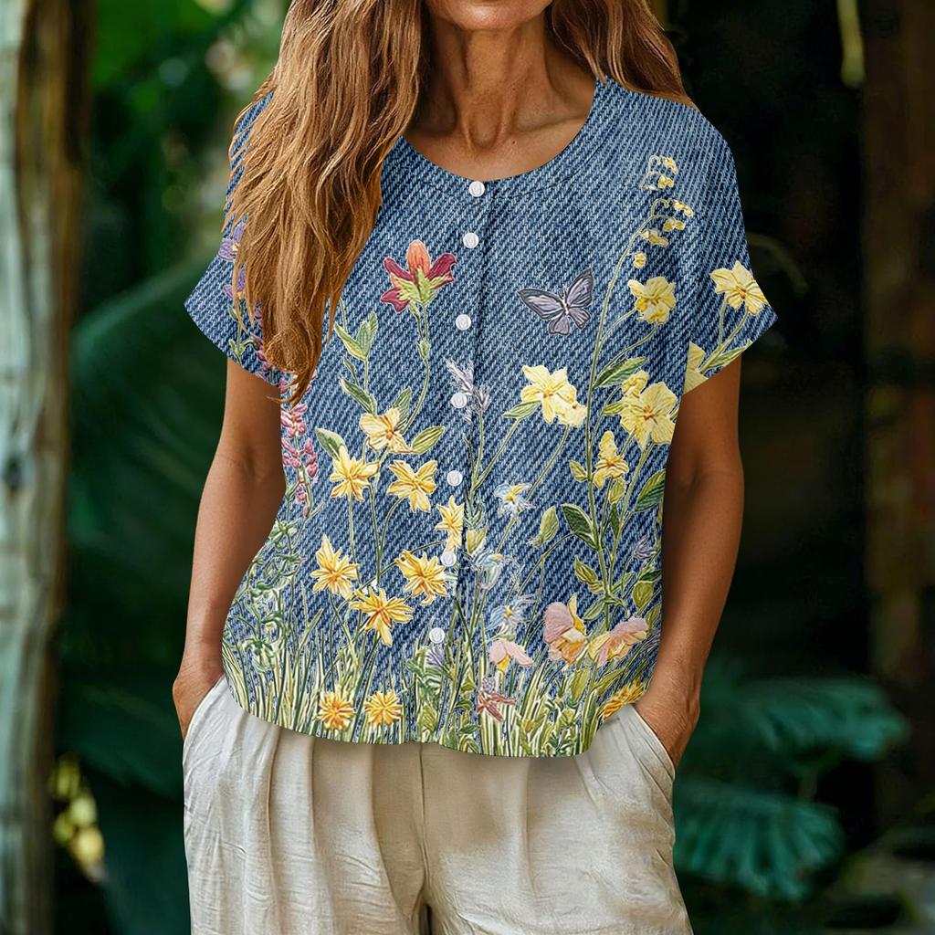 Womens Casual Henley Neck Button Down Floral Print Top Short Sleeve Lightweight Blouse for Summer Spring