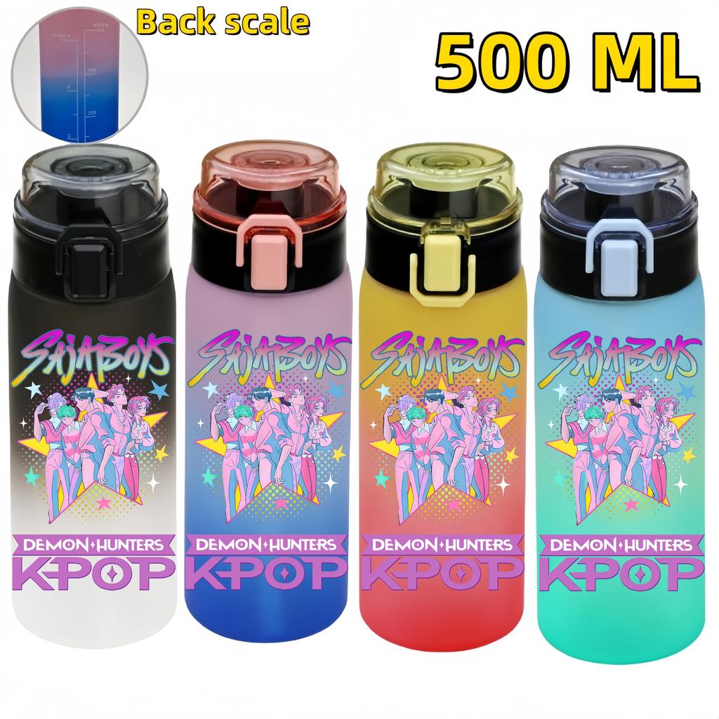 KPop Demon Hunters Sports Water Bottle Portable Leak Proof Plastic Cup Level Line Outdoor Fitness 500ML with for Kid Friendly Entertaining Fun Play