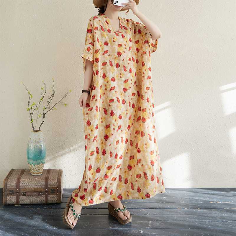 Real Shot Summer Color Vacation Style Travel V-neck Retro Long Dress Covering Meat Cotton and Linen Dress