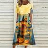 Women's Casual Round Neck Dress with Halloween Print and Pockets