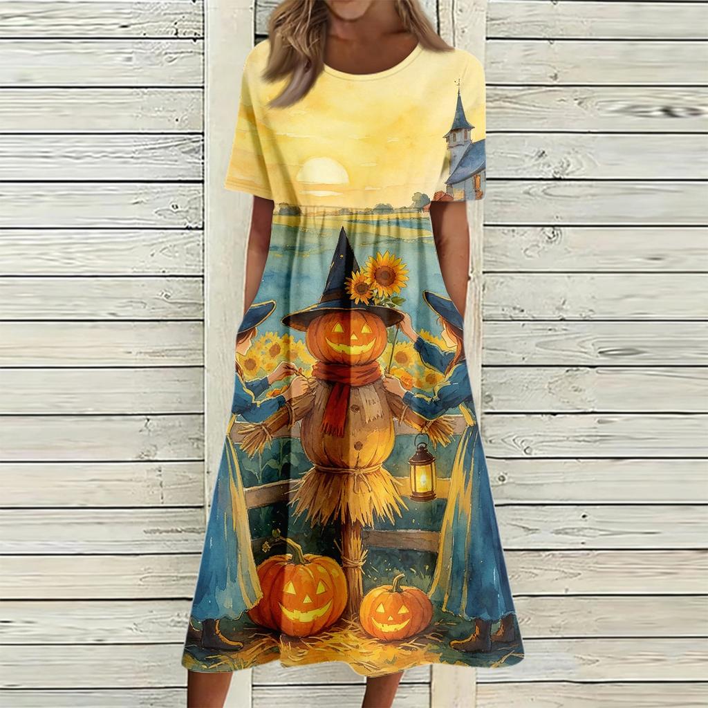 Women's Casual Round Neck Dress with Halloween Print and Pockets