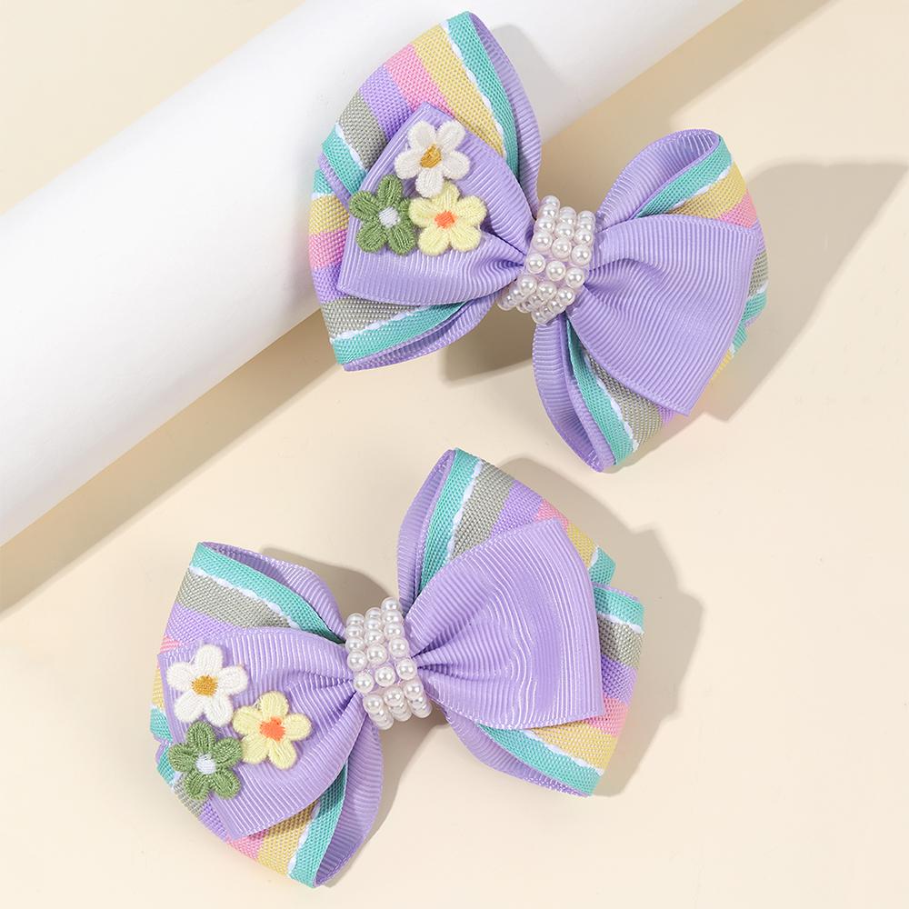 2pcs Cute Rainbow Pearl Little Flower Hair Clips for Girls , Alligator Clips with Thread Woven Ribbon Hair Accessories Headwear