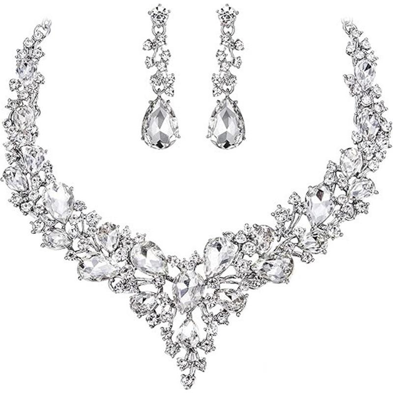 Newlywed Rhinestone Crystal Necklace And Earrings Set - Luxurious Jewelry Set For Ladies' Dance And Banquet Events