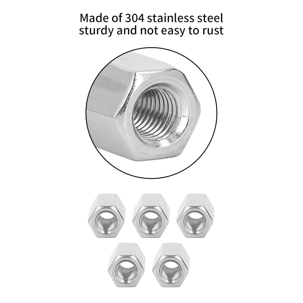 Pack of 5 M12 x 1.75-Pitch 40mm Length Metric Hex Coupling Nut 304 Stainless Steel