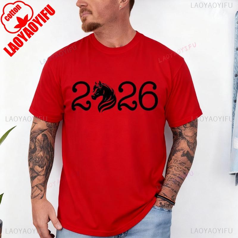 2026 New Years Horse Silhouette Youth TShirt Crew Neck Short Sleeve Cotton Top All Seasons Casual Fashion Comfortable Tees