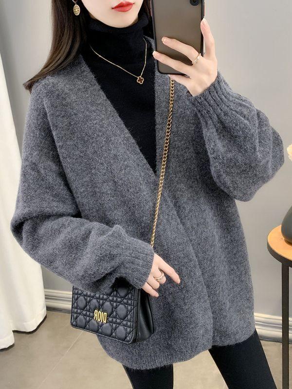 Damen Herbst Koreanischer Stil Einfarbig Gestrickter Cardigan Pullover