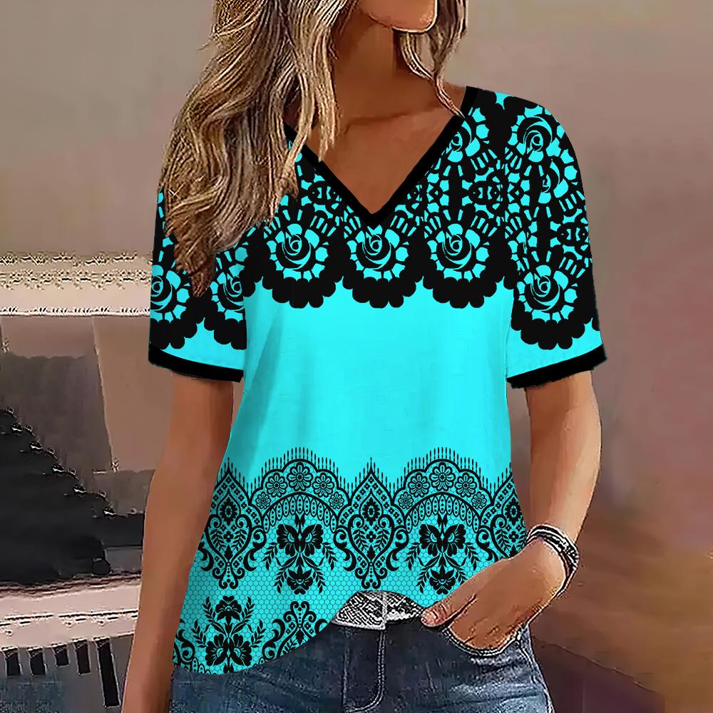 New Vintage Striped 3d Print T-shirt Women Fashion Gradient V-Neck Short Sleeve Basic T Shirt Summer Oversized Tops Tees Female