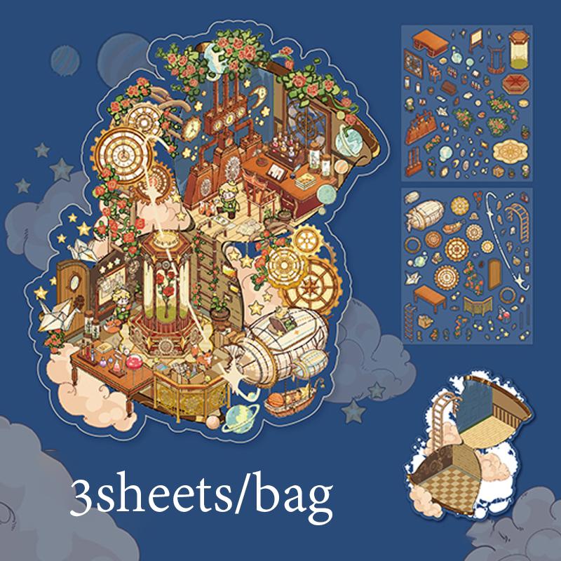 

3 Sheets/bag PVC Character Tale Miniature Scene Sticker Rose Star Spaceship Pattern Collage Landscaping Creative DIY Sticker Bag