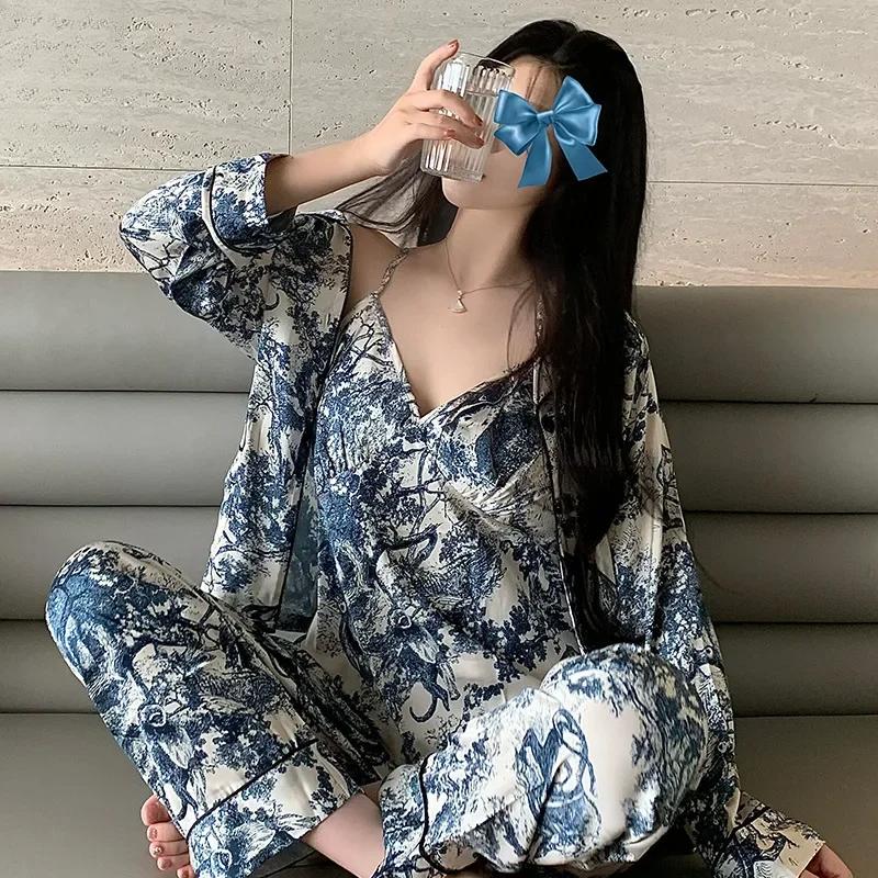 Sling Pajamas Women's Summer Home Clothes Ice Silk Pajamas Three-piece Ice Silk Pajamas Women's Spring and Summer