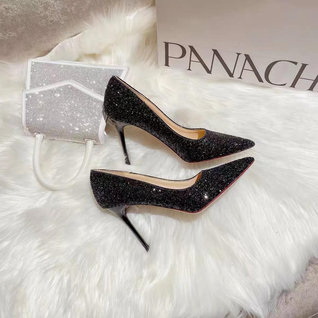 Black High-heeled Shoes Women's Fine-tipped 2026 Spring-autumn New-style Sequins Crystal Wedding Shoes Pointed-toe Sexy Shoe