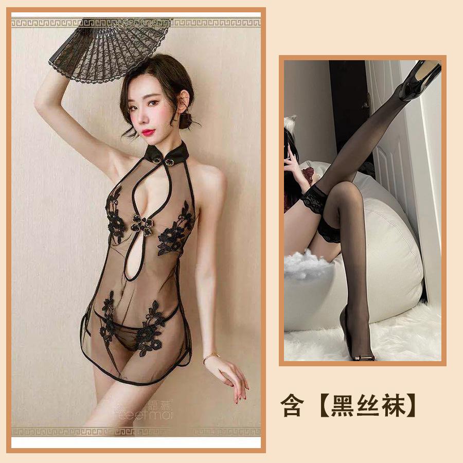 Sexy Sexy Lace Slit Free Uniform Mesh Classical Embroidery Cheongsam Temptation Perspective Set