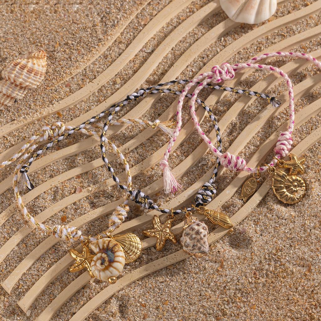 Hypoallergenic Braided String Bracelet Waterproof Gold Starfish Conch ShellPendant Adjustable Hand Woven Friendship Jewelry Gift
