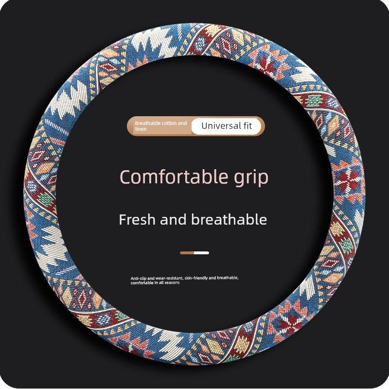 Ethnic Style Cotton and Linen Car Steering Wheel Cover, Universal for All Seasons, Non-Slip Handle Cover, Women's Cartoon Summer Fabric