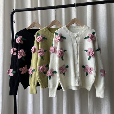 2022 herbst Und Winter Kleidung Neue Hong Kong Stil Retro Gestrickte Top Frauen Rose Stickerei Kontrast Pullover Strickjacke