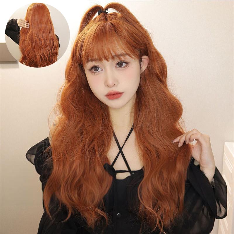 Long Hair Natural Wig Head Cover Women Wig Water Ripple Orange Straight Bangs