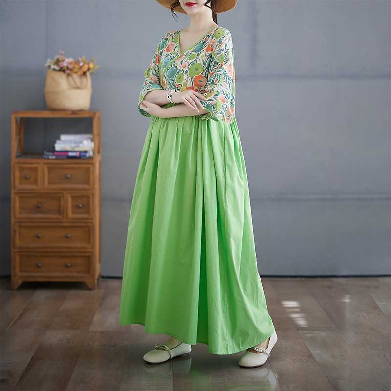 Cotton and Linen Summer Patchwork Retro Style Dress Long Skirt